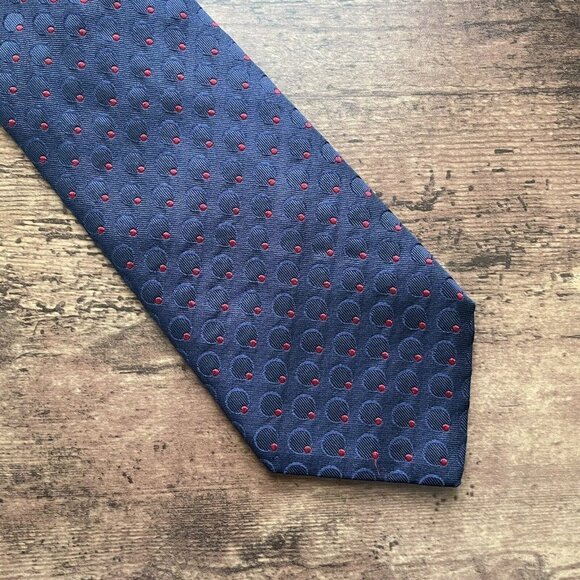 Take Six Mens Silk Tie Navy Blue Red Dot Jacquard Necktie Gold Chain Keeper Loop - Picture 3 of 10
